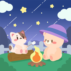 Campfire night with cute bear and cat under the stars. A cute illustration of a bear and cat enjoying a cozy campfire night under a magical starry sky with shooting stars.