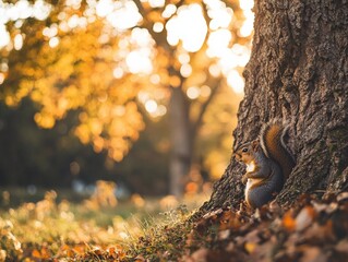 Close-Up of a Squirrel Peeking from Behind an Oak Tree with Autumn Background