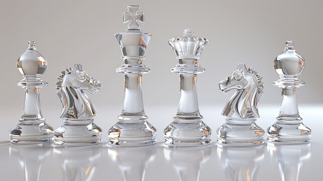 A stunning arrangement of elegant glass chess pieces showcasing artistry and design. Perfect for themes of strategy, competition, and intellectual challenge