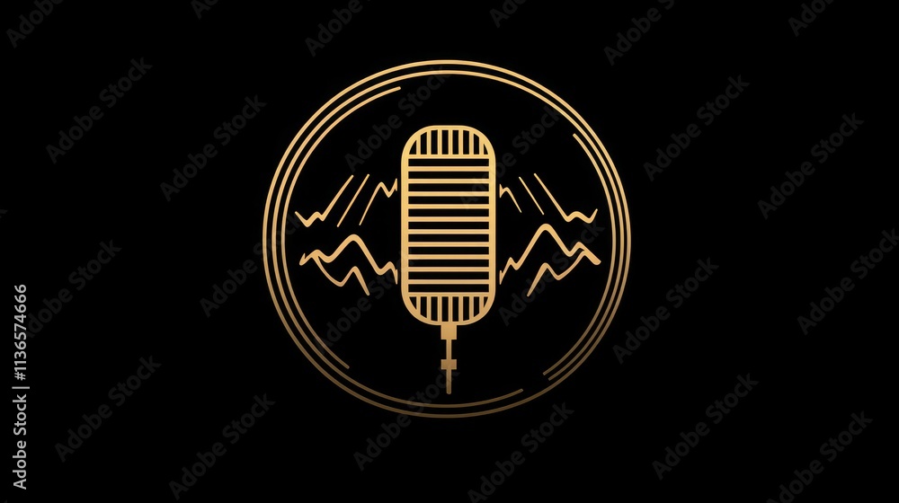 Poster minimalist podcast logo with a microphone and sound waves in a circle