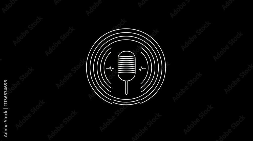 Poster minimalist podcast logo with a microphone and sound waves in a circle