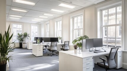 Fototapeta premium modern bright office workspace with large windows