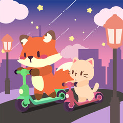 Kawaii fox and cat riding scooters at twilight. Adorable nighttime scooter ride with cute animals.