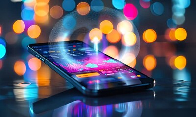 Smartphone displaying data analytics charts at night with blurred city lights reflected on a wet surface. Animation looping video background. Generated with AI - Powered by Adobe