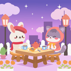 Kawaii bunny and cat enjoying tea and waffles at twilight. Adorable evening tea party with bunny and cat friends.