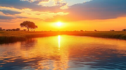 Evening Reflection. Water positive Esg fintech Self-compassion etf nature-based Affirmations mirror Neoen Alma therapy Grow Tunetank Sunset over calm lake with trees reflecting in wat