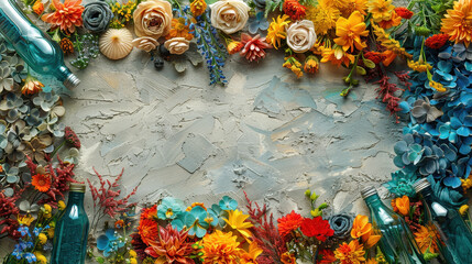 A vibrant floral arrangement featuring various flowers and vintage bottles. Perfect for nature-inspired decor or backgrounds, adding a touch of elegance