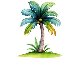 Illustrated Tropical Palm Tree Surrounded by Lush Greenery and Vibrant Nature Elements