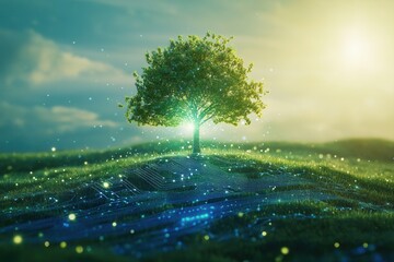 Green tree growing with integrated circuit and green grass at sunset