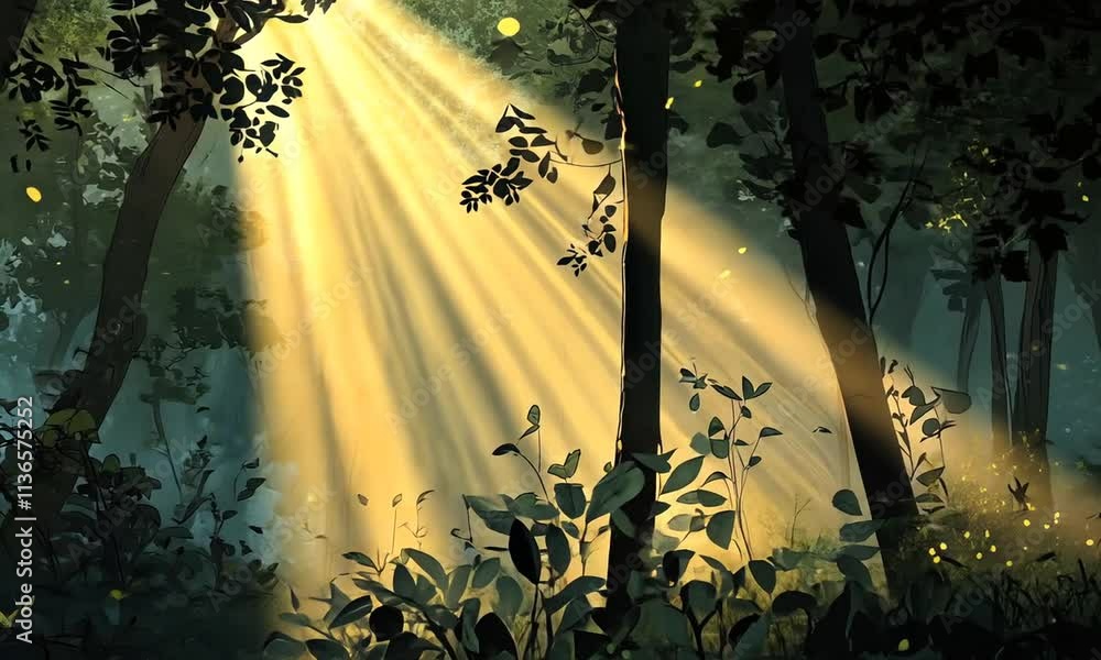 Poster sunbeams illuminate a forest floor, fireflies glimmer. animation looping video background. generated