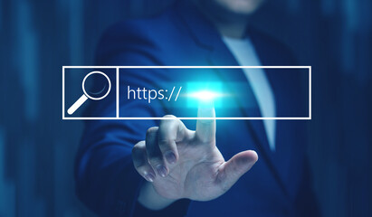 Close-up view of businessman using hands touching virtual screen with website search icons for information, the discovery of information, search engine optimization, and, domain name design