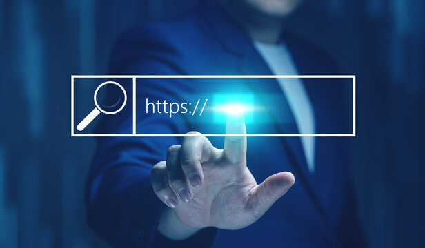 Close-up view of businessman using hands touching virtual screen with website search icons for information, the discovery of information, search engine optimization, and, domain name design