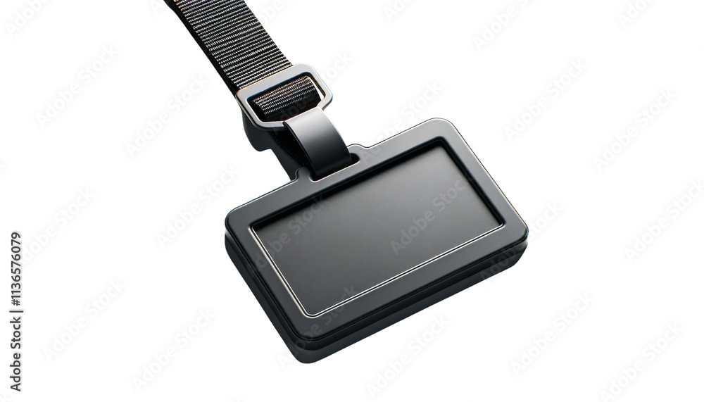 Poster black badge holder with attached lanyard, isolated on a clean white background. closeup concept for 