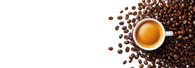White cup filled with espresso surrounded by scattered coffee beans on a clean white background. Concept of coffee, freshness, and morning energy. Ai generative.