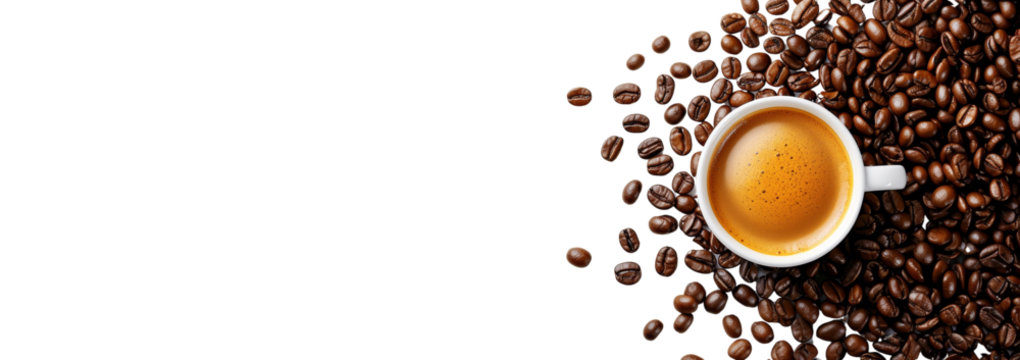 White cup filled with espresso surrounded by scattered coffee beans on a clean white background. Concept of coffee, freshness, and morning energy. Ai generative. - Powered by Adobe