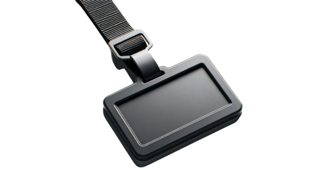 Black badge holder with attached lanyard, isolated on a clean white background. Closeup concept for identification or access. Ai generative