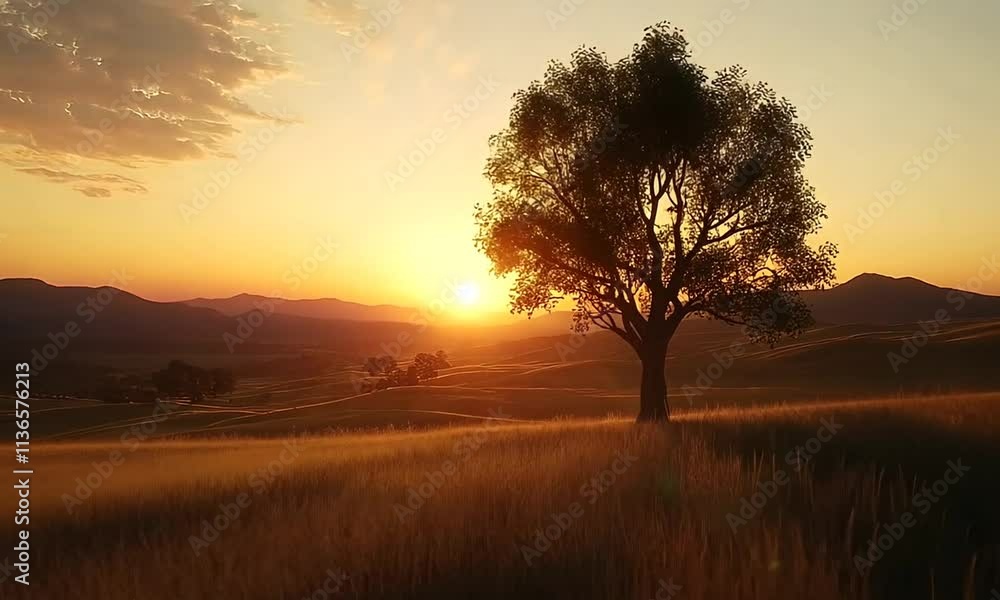 Poster sunset over a golden field with a lone tree, rolling hills, and distant mountains. animation looping