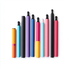 Colorful vapes and electronic cigarettes on a white isolated background, showcasing modern vaping products.