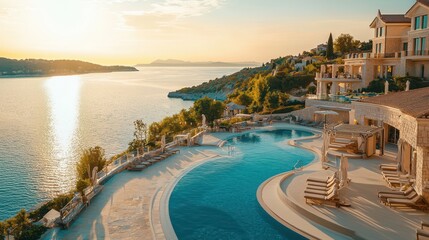 Fototapeta premium Breathtaking Luxury Resort with Stunning Views and Inviting Swimming Pools by the Seaside at Sunset