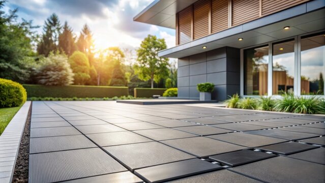 Modern Home Exterior with Sunlit Patio and Grey Paving Stones