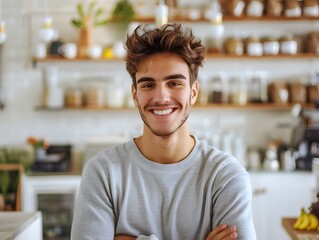 Obraz premium Young man with cheerful smile standing confidently in a cozy cafe environment, showcasing positivity and warmth in a friendly workspace atmosphere.