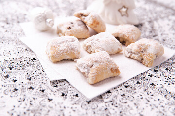 Stollen Bites on bright background. Soft focus. Close up. Copy space.