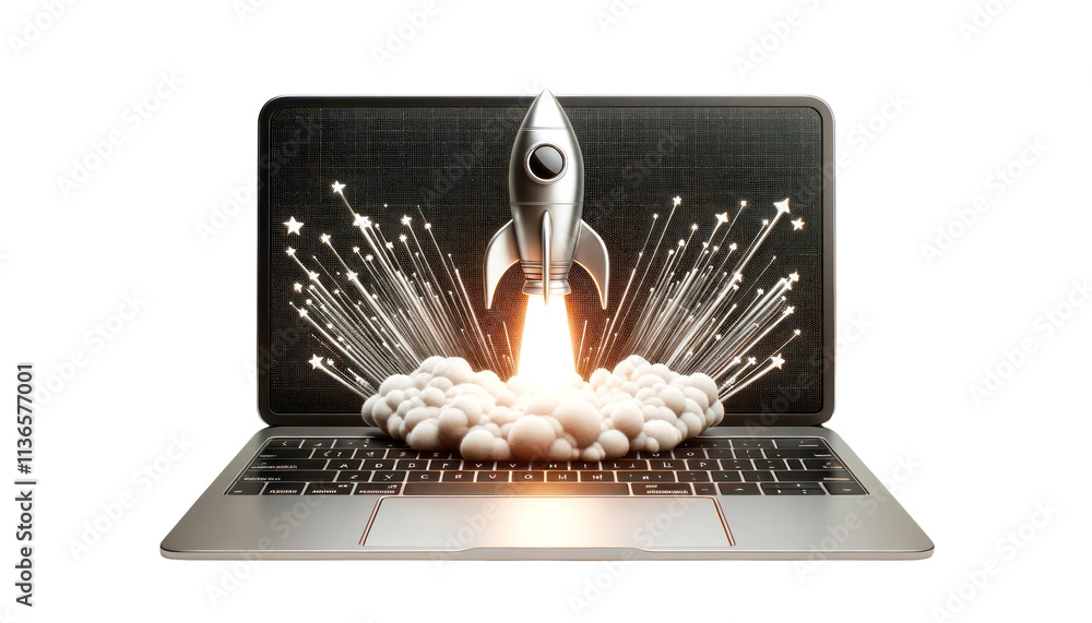 Poster metallic rocket launching from laptop screen, glowing trails and smoke, isolated on white background
