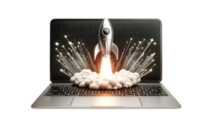 Metallic rocket launching from laptop screen, glowing trails and smoke, isolated on white background. Concept of innovation and technology progress. Ai generative