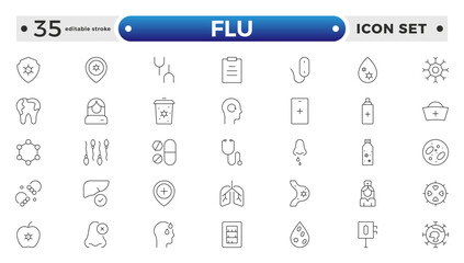 Flu icon set. Illness, diseases, sickness, allergy, pain, organs, virus, heart, eye, stomach, lungs, kidney, brain, bones, Symptoms, treatment and prevention of colds. Editable stroke outline icon.
