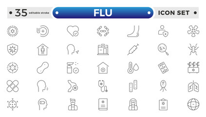 Flu icon set. Illness, diseases, sickness, allergy, pain, organs, virus, heart, eye, stomach, lungs, kidney, brain, bones, Symptoms, treatment and prevention of colds. Editable stroke outline icon.
