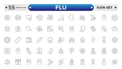 Flu icon set. Illness, diseases, sickness, allergy, pain, organs, virus, heart, eye, stomach, lungs, kidney, brain, bones, Symptoms, treatment and prevention of colds. Editable stroke outline icon.
