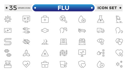 Flu icon set. Illness, diseases, sickness, allergy, pain, organs, virus, heart, eye, stomach, lungs, kidney, brain, bones, Symptoms, treatment and prevention of colds. Editable stroke outline icon.
