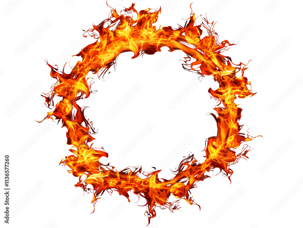 Poster flaming circular ring with dynamic fire details, isolated on a clean white background. concept of he