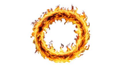 Circular fiery flames burning with intense orange and yellow hues, isolated on a clean white background, representing energy or danger concept. Ai generative.