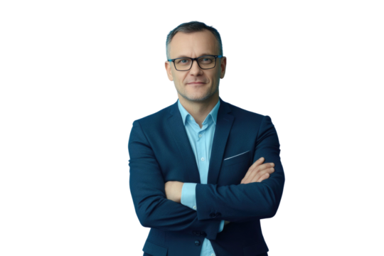 Business man in glasses and formal clothes looking at viewer with confidence and friendly smile, standing with arms crossed, isolated on blue background