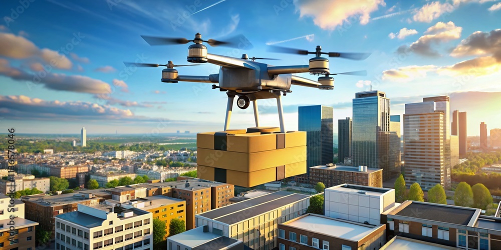 Poster modern drone delivery system: 4k animation of wireless remote-controlled parcel drones in action, sh