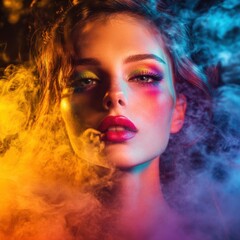 Fototapeta premium Girl in neon lights surrounded by colorful smoke, capturing the vaping concept among youth.