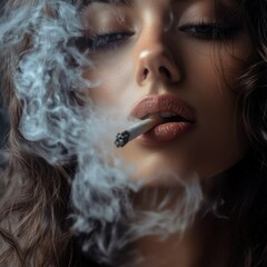 Obraz premium Girl smoking, enveloped in smoke, with a relaxed mood against a soft background.