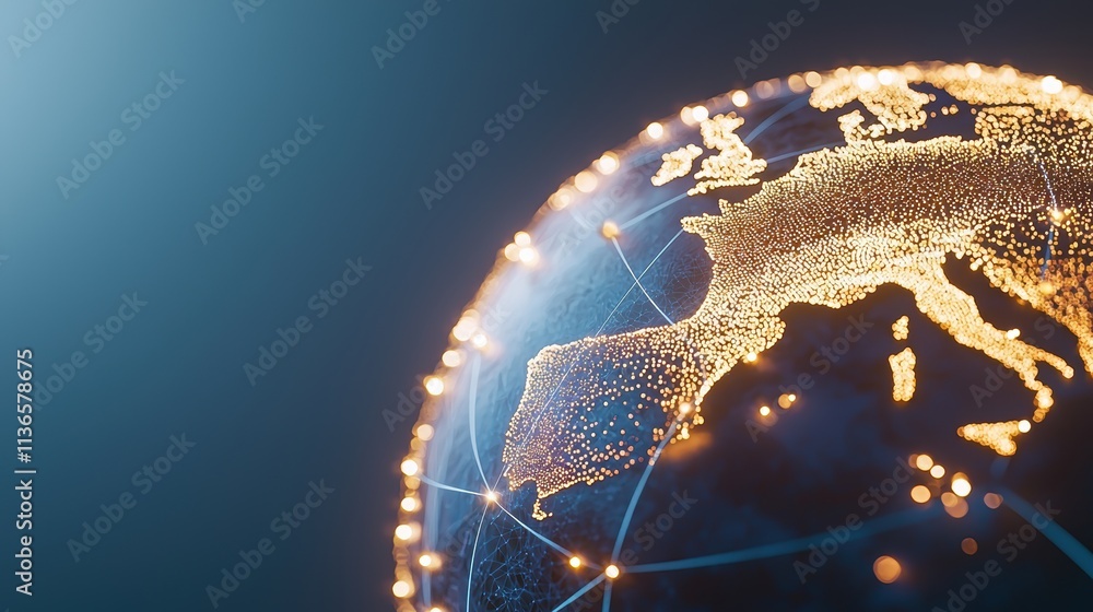 Poster global network rotating globe with glowing network lines, data flowing between continents, represent