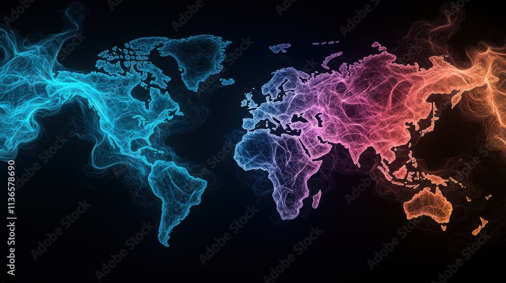 Poster global network world map with vibrant lines connecting major cities, data points pulsating with acti