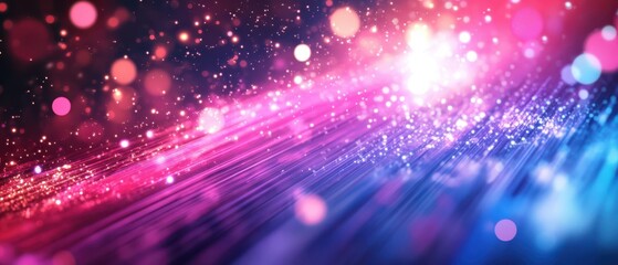 Fototapeta premium Blue, Pink, and Red Shiny Lights with Data Flowing in Futuristic Tech Background