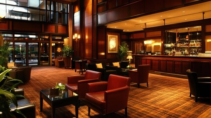 luxurious hotel lobby with bar and comfortable seating