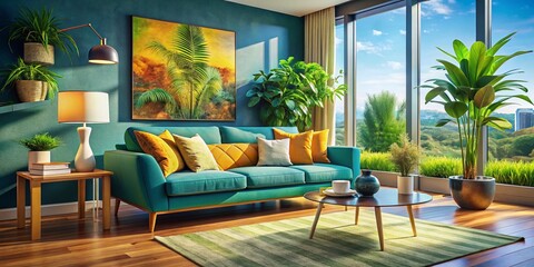 Modern Living Room Interior Design: Vibrant Sofa, Stylish Decor, Plants