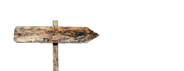 Rustic wooden arrow-shaped signpost isolated on a clean white background, showcasing a natural wood texture and vintage design concept. Ai generative.