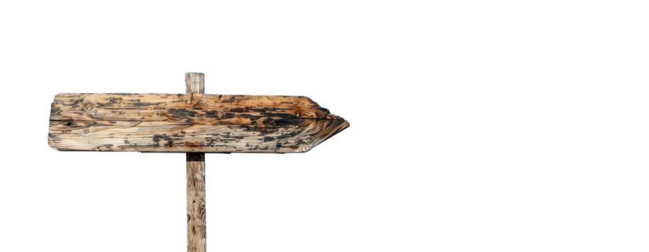 Rustic wooden arrow-shaped signpost isolated on a clean white background, showcasing a natural wood texture and vintage design concept. Ai generative.