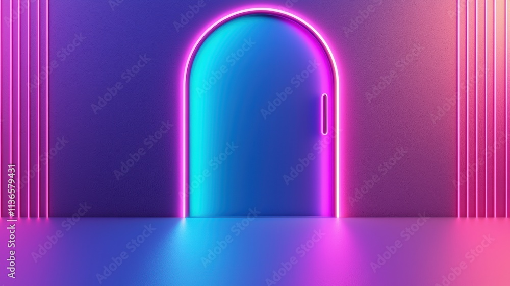 Poster neon circular door frame a neon circular door frame set in a futuristic corridor, with glowing lines