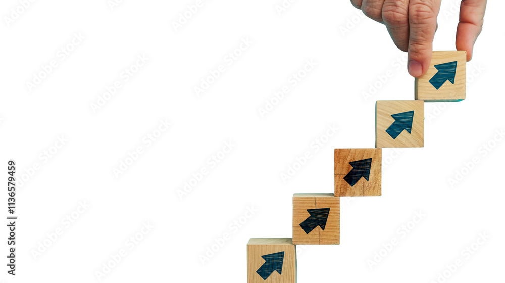 Poster wooden blocks with arrows forming a staircase, hand placing top block, isolated on white background,