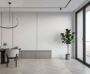 Aesthetic elegant minimalist modern interior design. Clear mock up empty wall for decoration in the apartment. Copy space in the room. Neutral palette of natural colors.