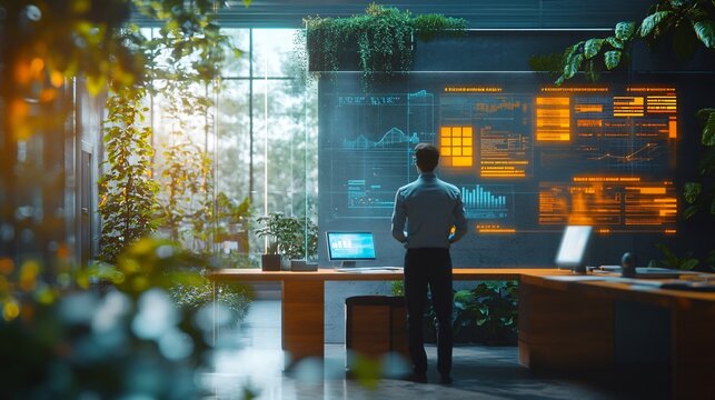 Digital transformation and technology adoption, a vibrant office environment with employees engaging in training sessions via holographic interfaces.