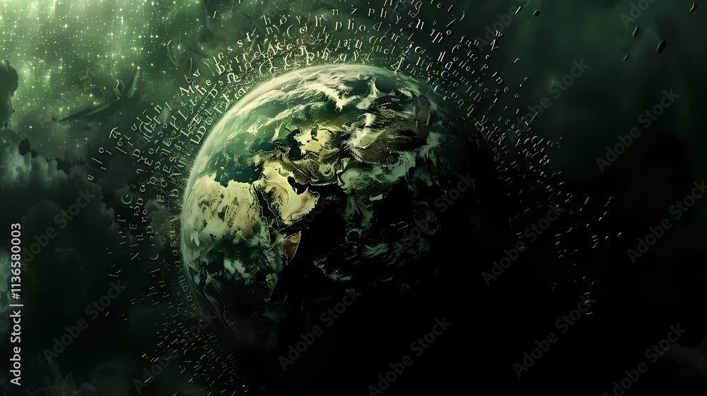 Poster digital rain on earth: a surreal and captivating image of earth surrounded by a digital rain of data